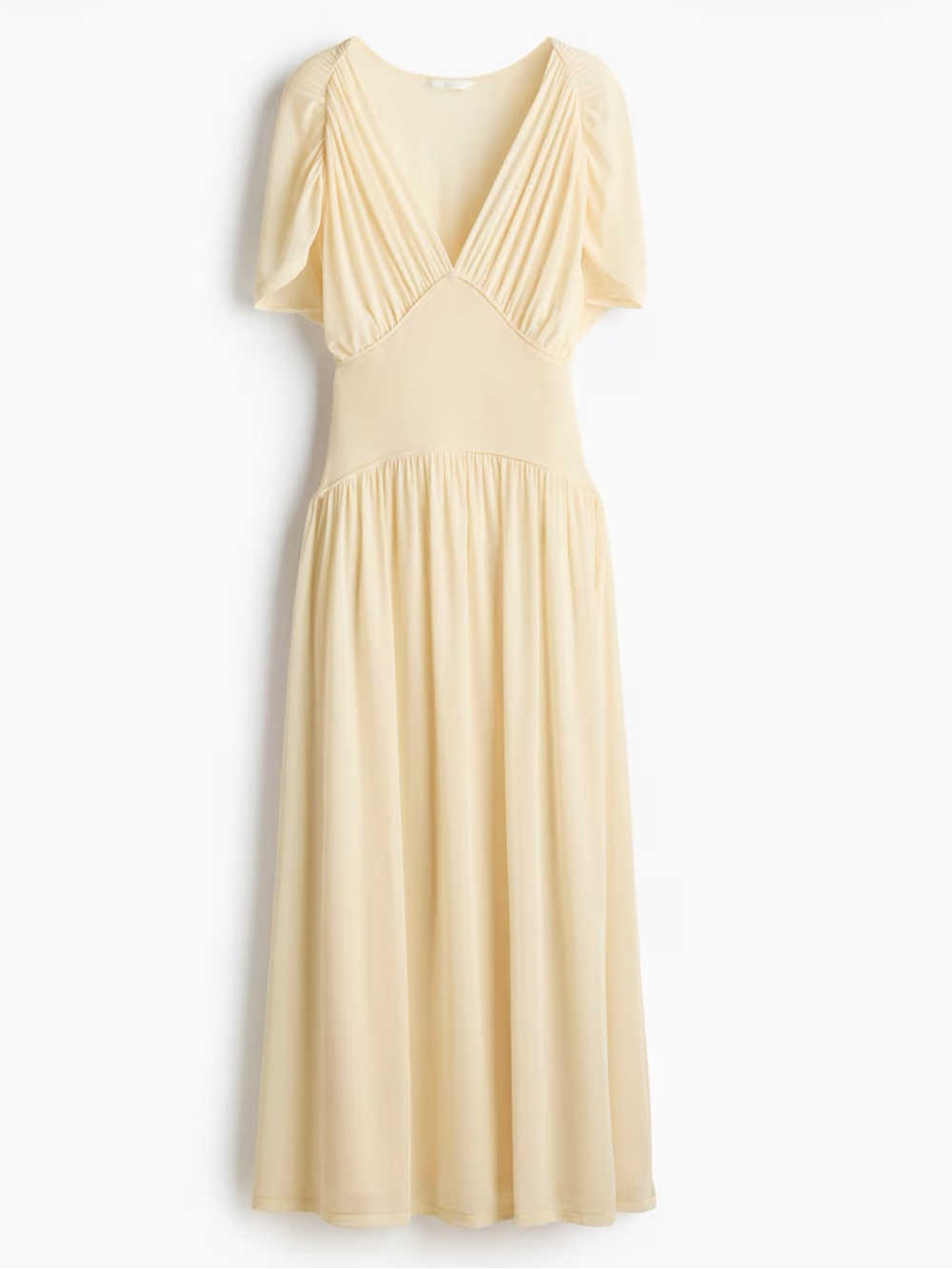 H&M Sheer Jersey Midi Dress in Light Yellow – Feminine Pleated V-Neck S